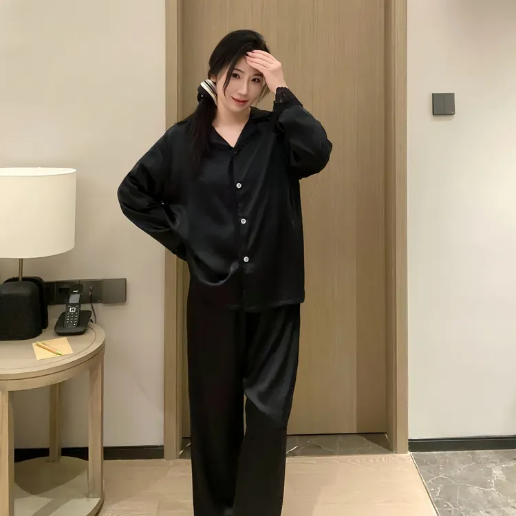 纯黑色蕾丝花边性感大码胖妹睡衣家居服套装长袖冰丝秋季薄款法式