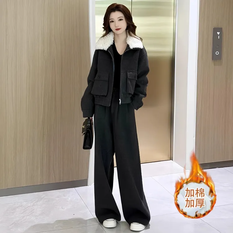 拉夏贝尔加厚气质套装女秋冬季2025新款洋气外套阔腿裤显瘦两件套