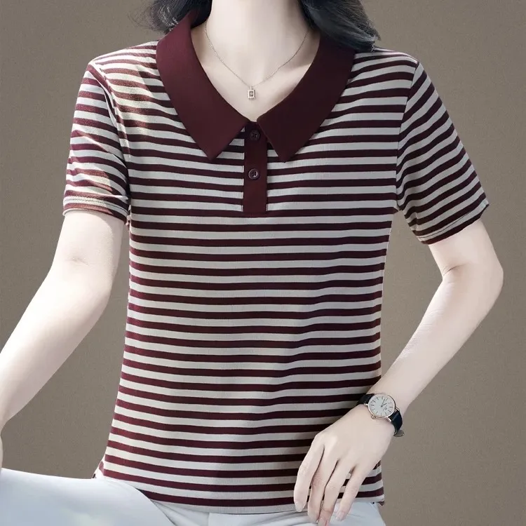 夏季条纹休闲T恤条纹t恤娃娃领显瘦夏装短袖