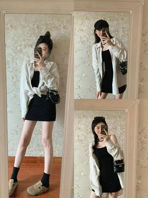 2025早春新款白色防晒衬衫女内搭黑色吊带裙长袖别致衬衣气质显瘦