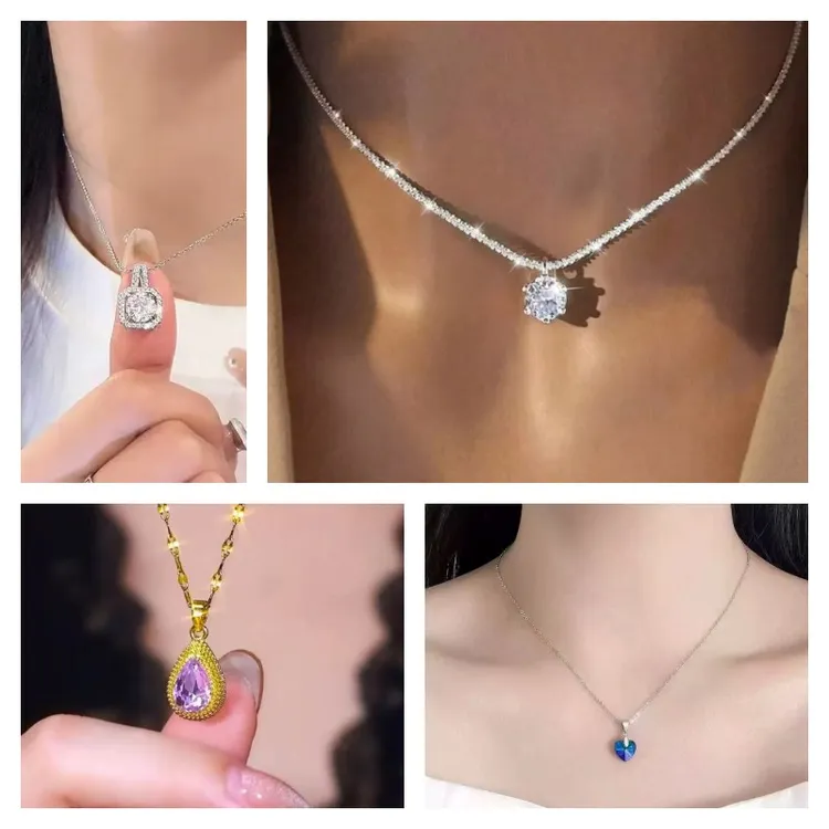 钛钢锆石项链 满天星榴莲方糖海洋之心满镶锆石四件套项链