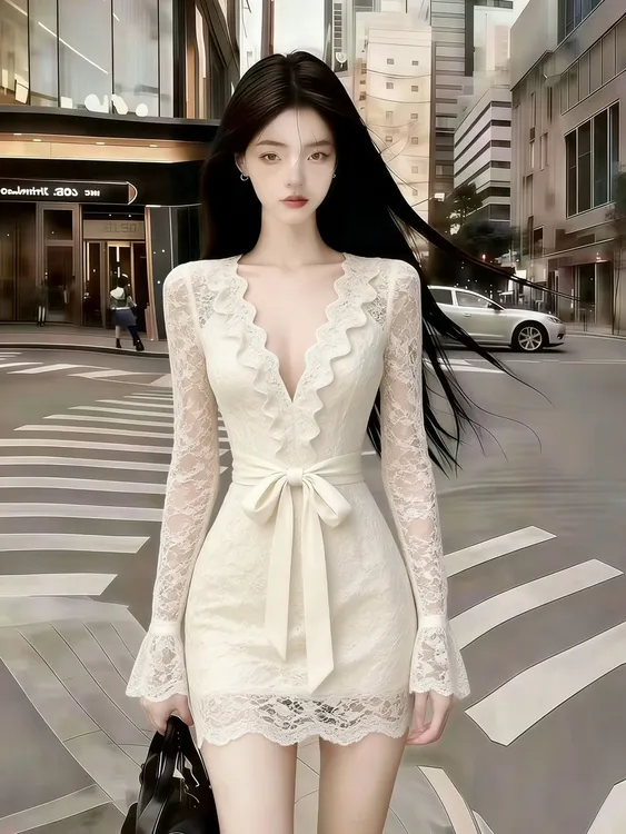 秋冬季静奢时尚性感米白色蕾丝深V领长袖修身收腰系带包臀连衣裙