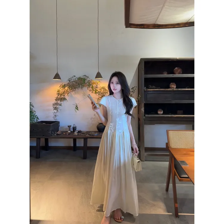 高级感植绒网纱拼接长款收腰短袖连衣裙法式气质A字长裙831