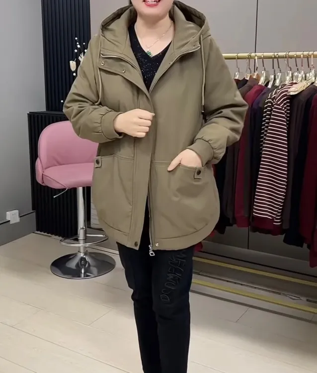 3111加绒加厚过冬纯色大码连帽百搭拉链棉服外套