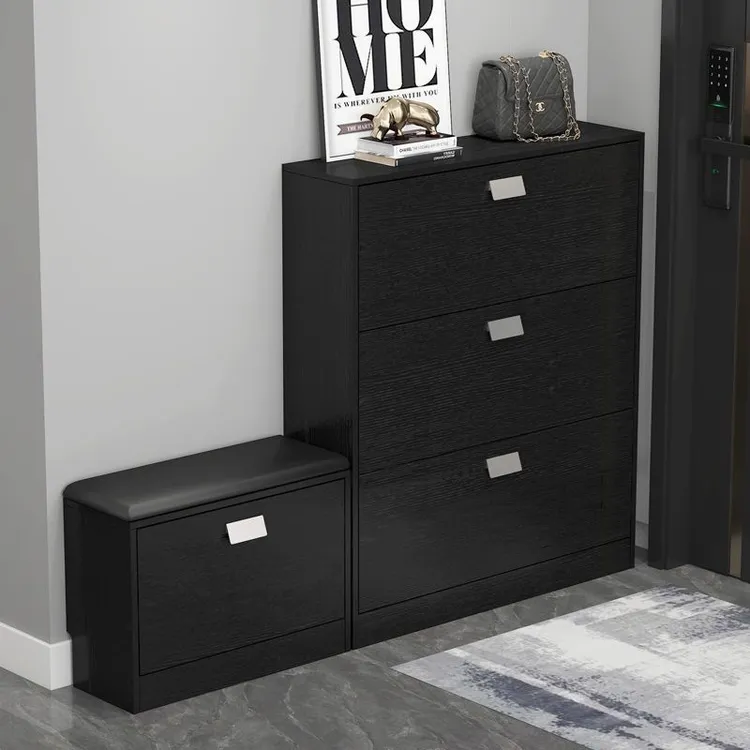 [经济实惠]黑色简约现代超薄翻斗鞋柜家用门口小户型省空间大容量