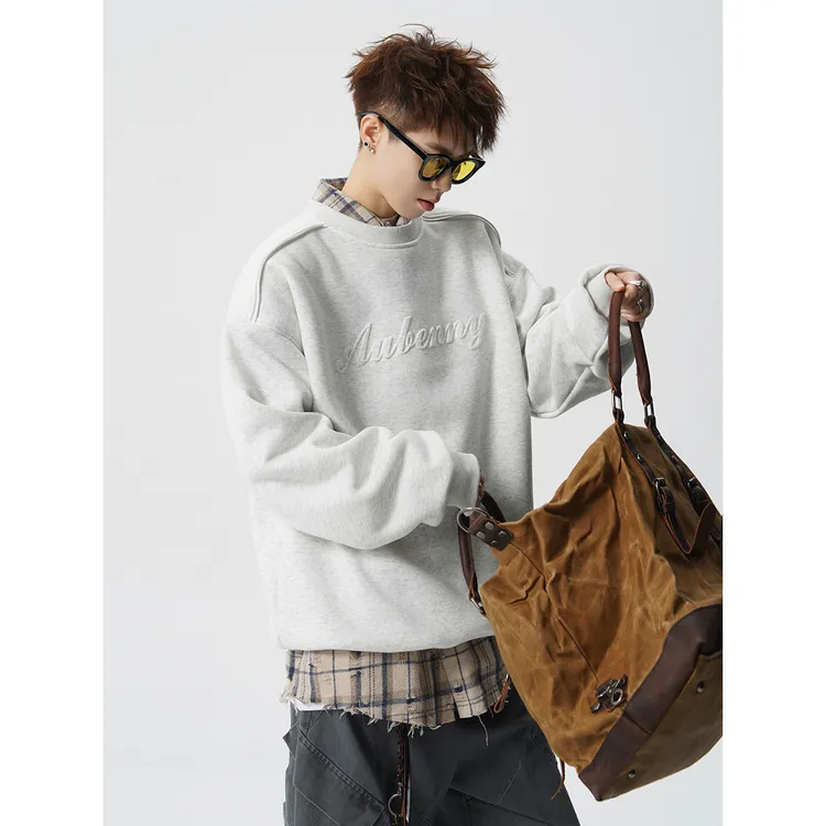 冬季圆领美式钢印男士加绒加厚宽松圆领卫衣长袖百搭打底上衣男