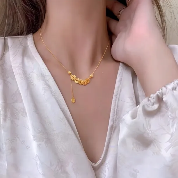 铜合金项链 气质轻奢时尚钱多多五帝钱项链女简约百搭坠链锁骨链