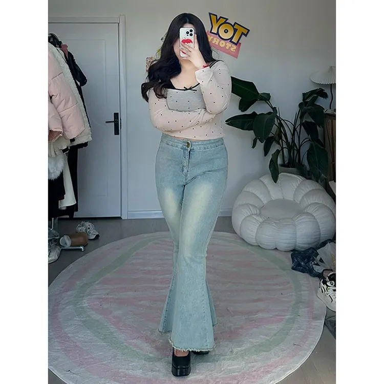 大码胖mm弹力微喇牛仔裤女秋冬裤子女裤梨形身材显瘦鱼尾喇叭裤