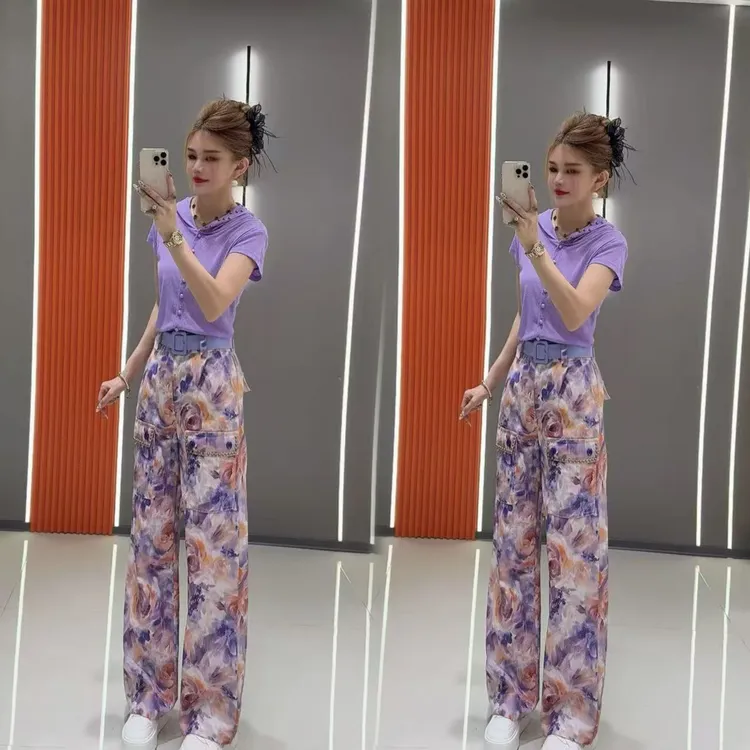 上新3057 夏季轻薄单排扣上衣 加雕花长裤  两件套