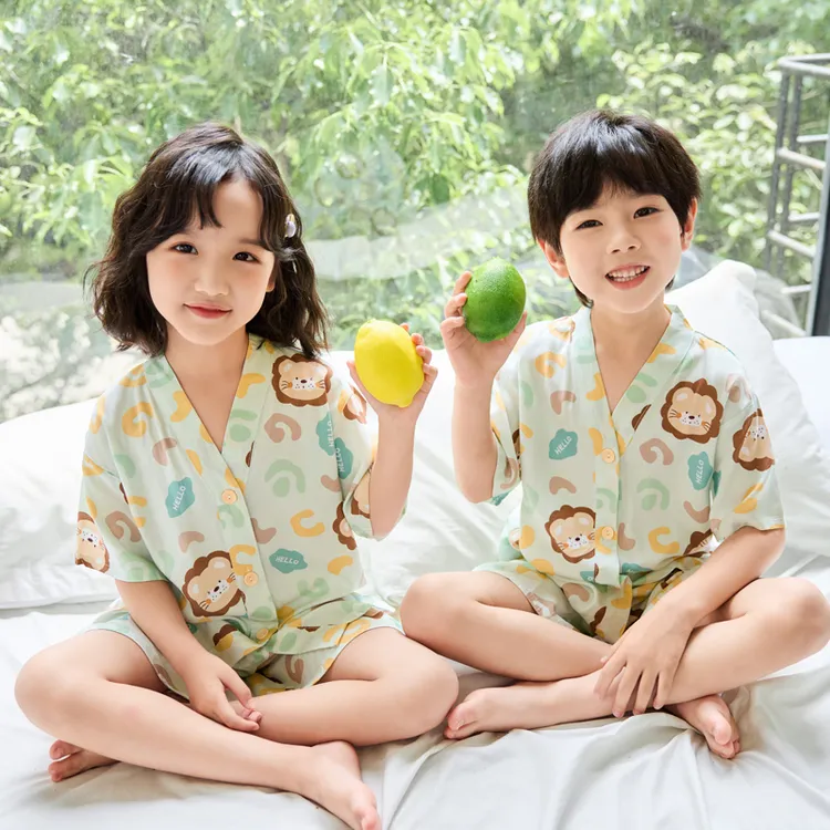  夏季薄款儿童棉绸睡衣短袖短裤家居服套装宝宝男童女童中大童