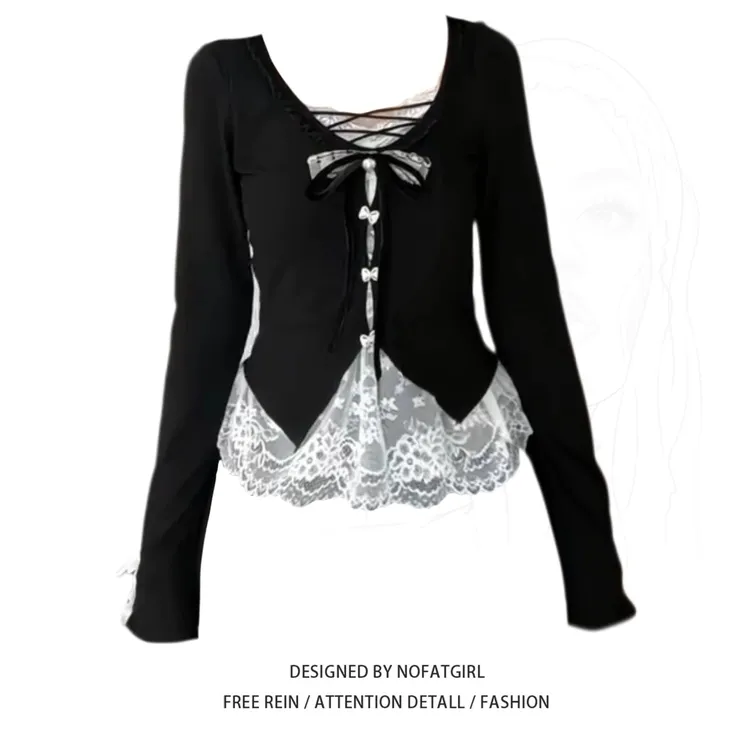 大码胖MM纯欲小香风蝴蝶结假两件长袖t恤女秋冬季蕾丝打底衫上衣