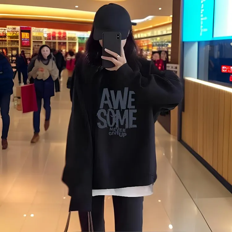 假两件黑色卫衣女士加绒加厚宽松中长款圆领百搭上衣2024新款爆款