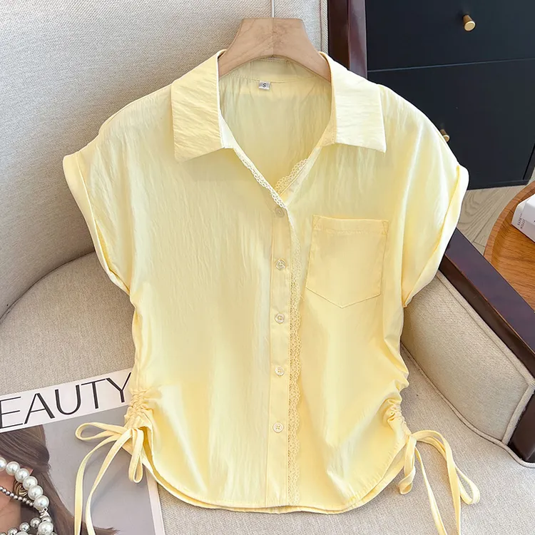 夏季新款时尚洋气蕾丝拼接短袖衬衫女小个子百搭显瘦休闲减龄上衣