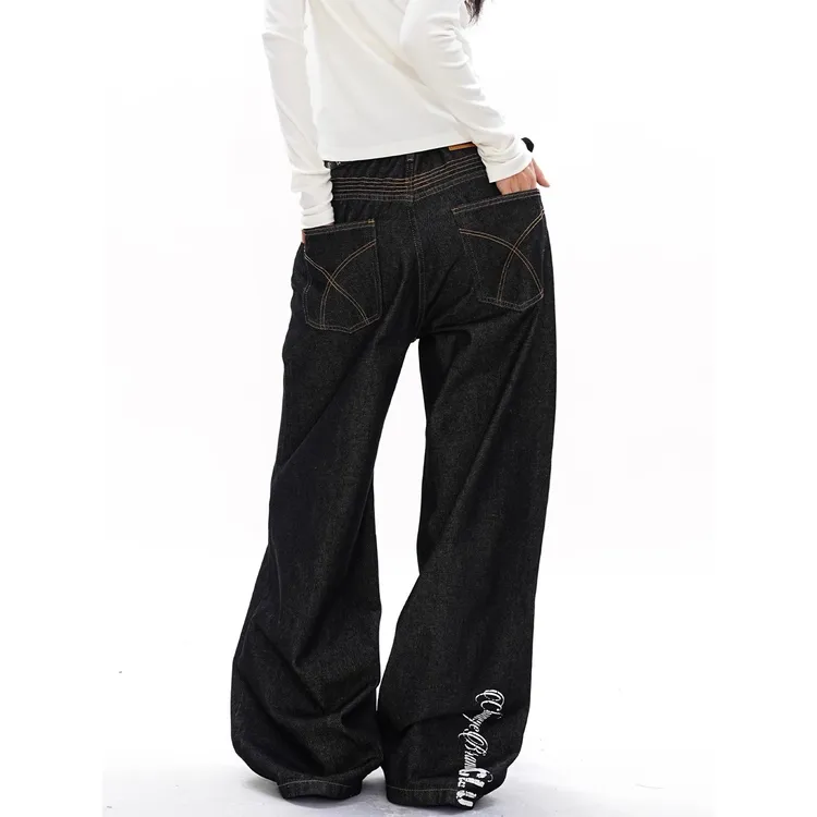 原牛明线纯色印花阔腿牛仔裤男女美式街头复古风休闲直筒裤子