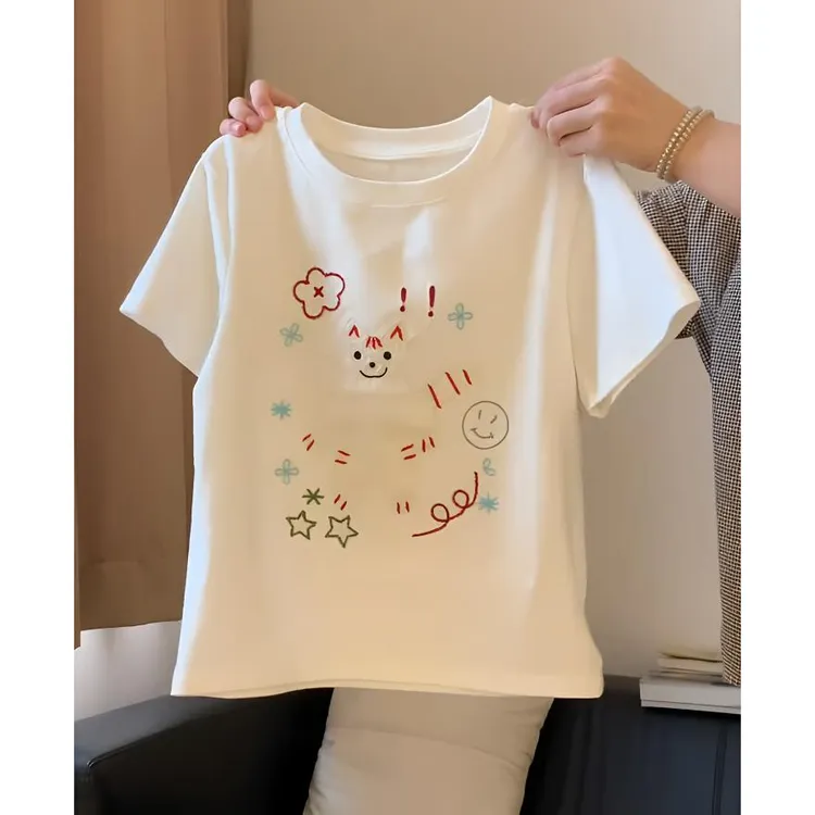 日系卡通猫咪刺绣短袖T恤夏季2025新款减龄百搭宽松显瘦正肩上衣