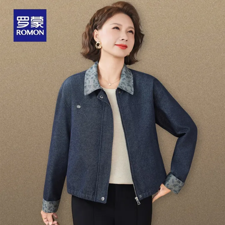 罗蒙小个子妈妈秋装翻领牛仔外套时尚气质中年妇女春秋短款夹克衫