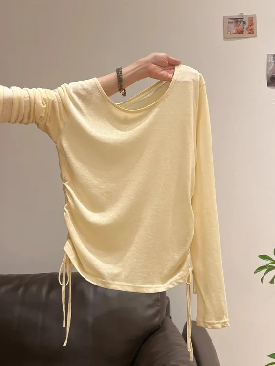 韩系设计感长袖防晒T恤女褶皱收腰显瘦圆领雪花棉微透百搭上衣潮