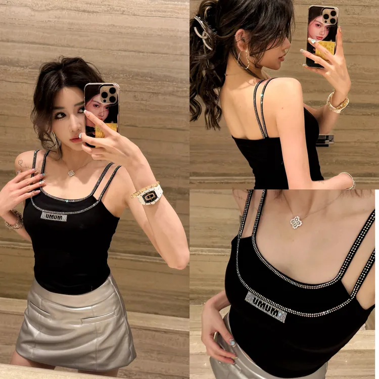 浠儿姐姐 外穿水钻辣妹假两件打底吊带字母背心上衣胸垫可替换