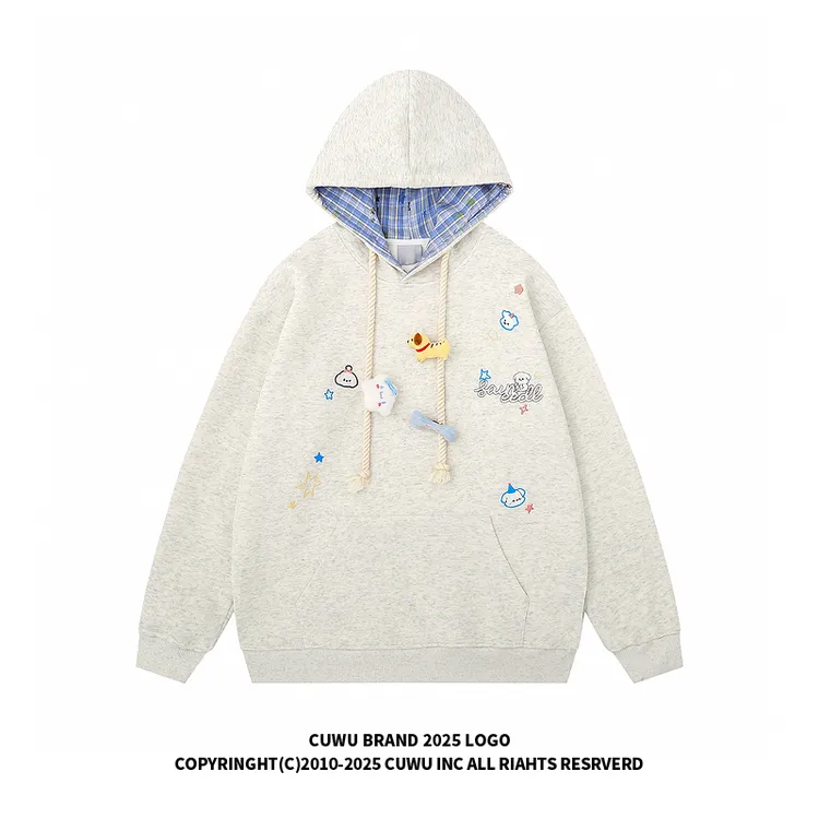 cuwu卡通小狗刺绣拼接格纹连帽卫衣女男秋季美式慵懒chic情侣帽衫