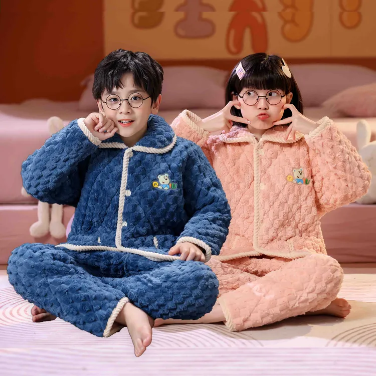 冬季三层夹棉珊瑚绒睡衣男童女童加厚款法兰绒男孩女孩宝宝家居服