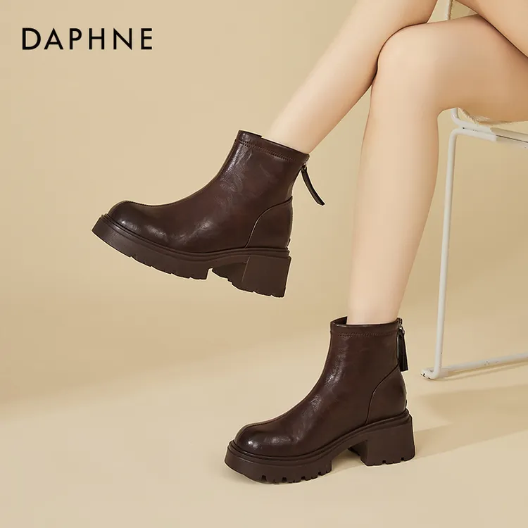 达芙妮厚底切尔西短靴女春秋2025新款烟筒靴英伦风秋冬加绒马丁靴