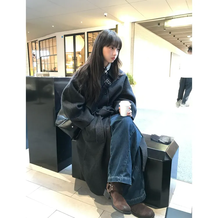 深灰色高级感宽松毛呢外套女2025冬季新款设计感长款立领呢子大衣