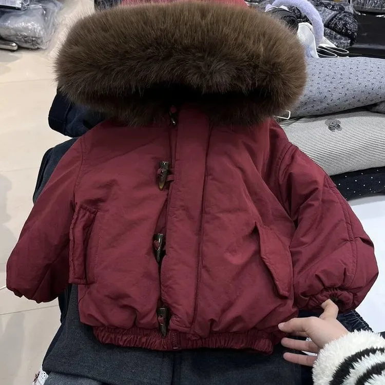 女童冬装棉服2025新款女宝宝拜年服女孩加绒加厚儿童牛角扣派克服