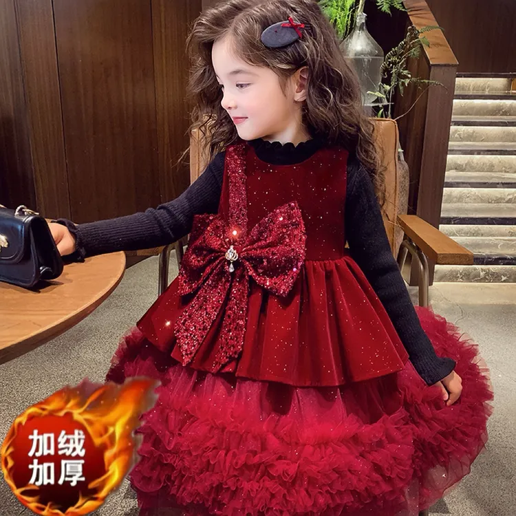 女童连衣裙加绒套装秋冬2025新款儿童蓬蓬背心拜年公主裙子礼服