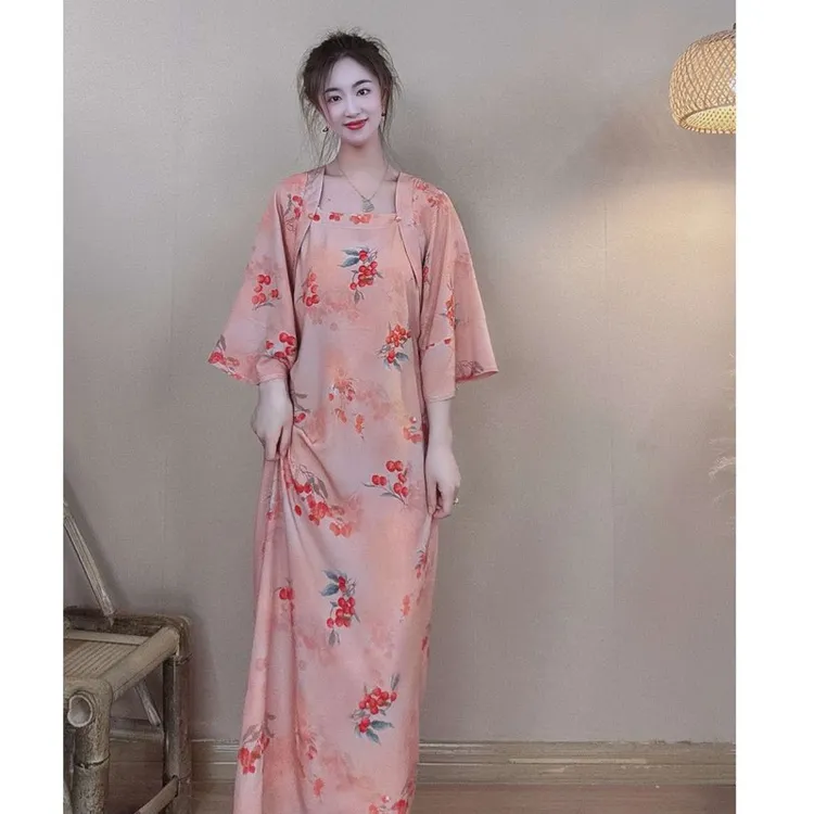 【衣羊羊】夏棉绸新中式假两件旗袍连衣裙复古薄款宽松中国风长裙