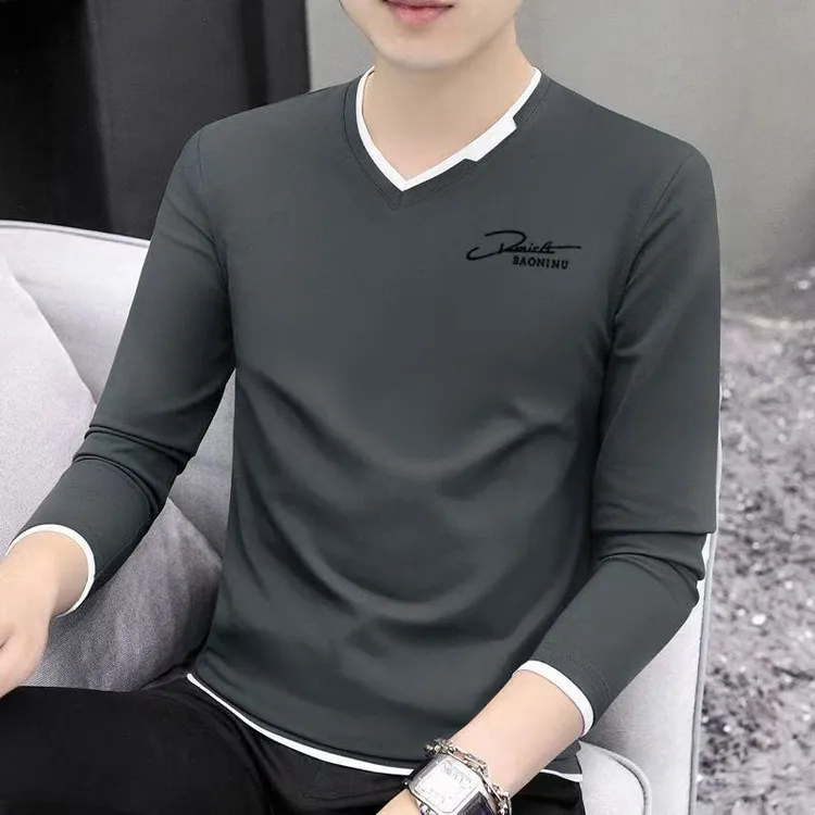 V领长袖T恤男士修身打底衫长袖时尚休闲春秋t恤百搭潮流印花上衣
