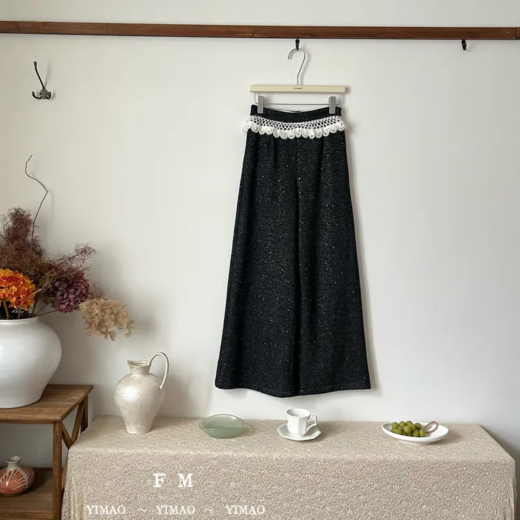 赵小小【璀璨星河】10275 蕾丝拼接高腰阔腿休闲裤宽松垂感直筒裤女