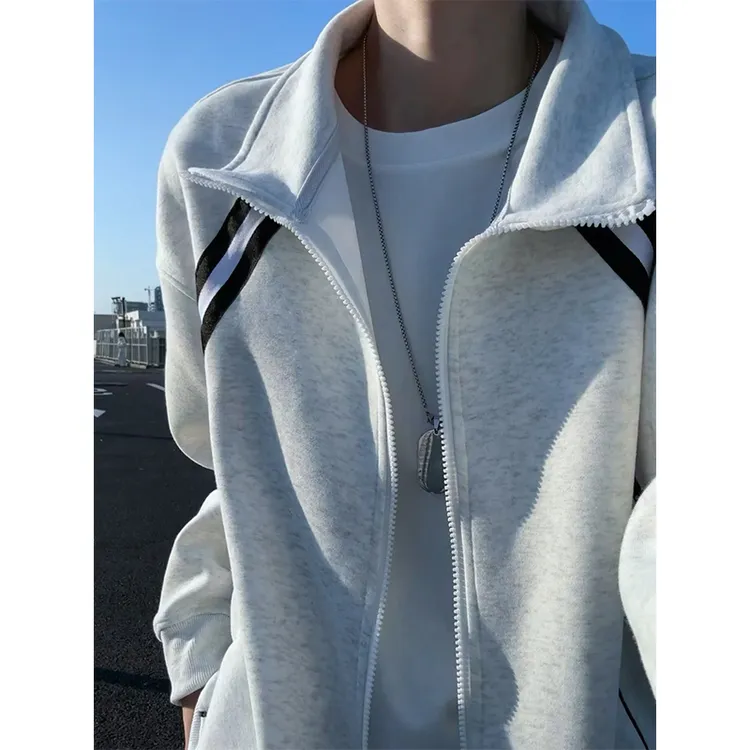 美式设计插肩条纹纯色立领开衫外套秋季男百搭宽松休闲风情侣卫衣