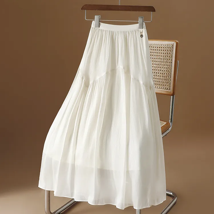 高级感珠光流纱裙女春夏新款高腰a字半身裙中长款简约雪纺百褶裙
