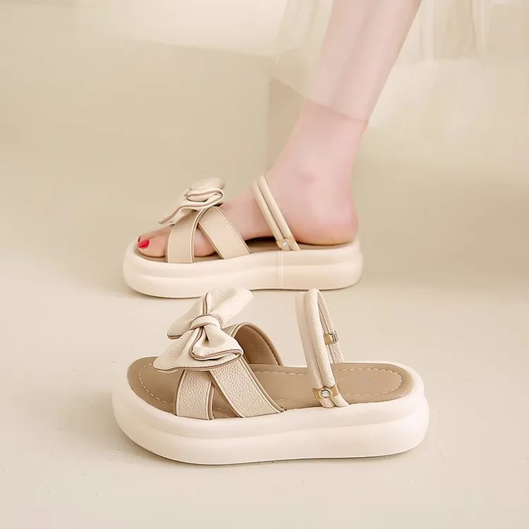 法式仙女蝴蝶结拖鞋女2025夏季新款甜美软底一字凉拖厚底凉鞋两穿