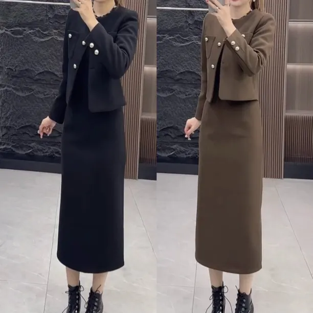 2025秋冬网红新款显气质瘦高级感洋气加棉长袖外套+半身裙两件套