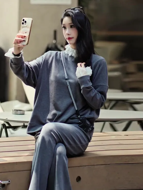 2025早秋季新款巨好看的穿搭减龄时尚休闲运动蕾丝卫衣一整套装女