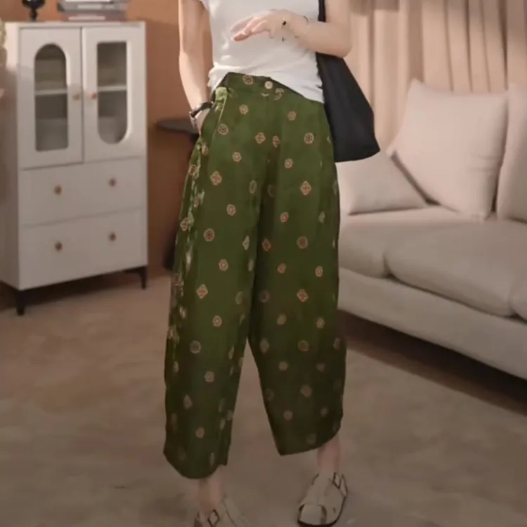 休闲九分直筒长裤夏季薄款胖MM大码女装高级感国风宽松印花阔腿裤