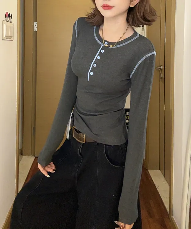 设计感撞色套头打底衫2025冬季T恤显瘦百搭长袖内搭上衣女
