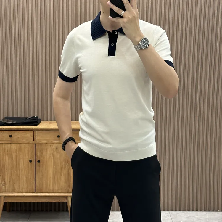 【含绵羊毛】商务针织经典时尚翻领短袖polo针织衫撞色毛衣88873