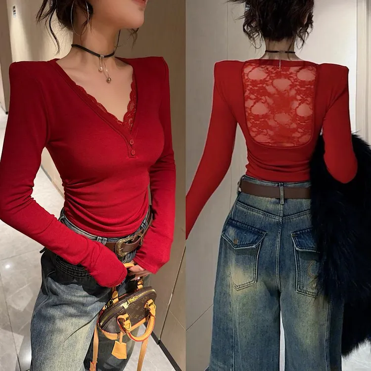 纯欲磨毛后背蕾丝拼接长袖T恤女2025秋冬新款韩版设计感显瘦上衣