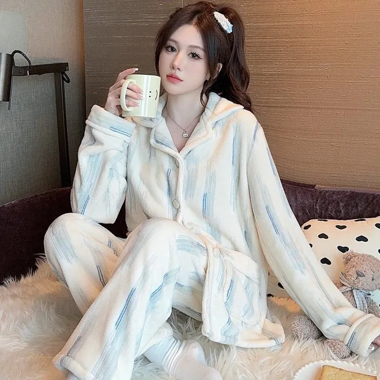 睡衣女士冬天珊瑚绒法兰绒春秋季套装条纹冬款加绒加厚长袖家居