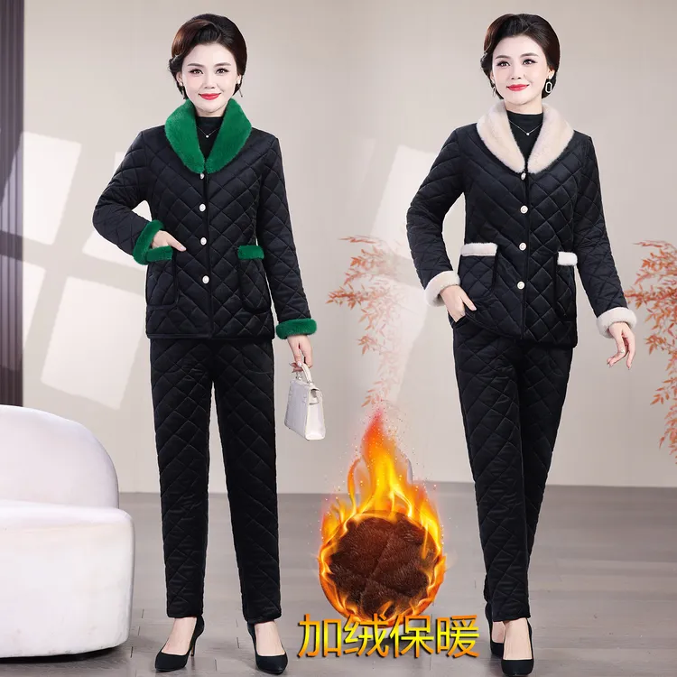 50-60岁冬季保暖加绒气质中老年女外套长裤两件套宽松大码妈妈装