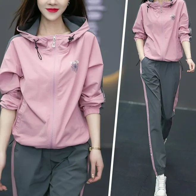 运动套装女2025新款春秋时尚减龄连帽气质外套跑步服两件整套粉色