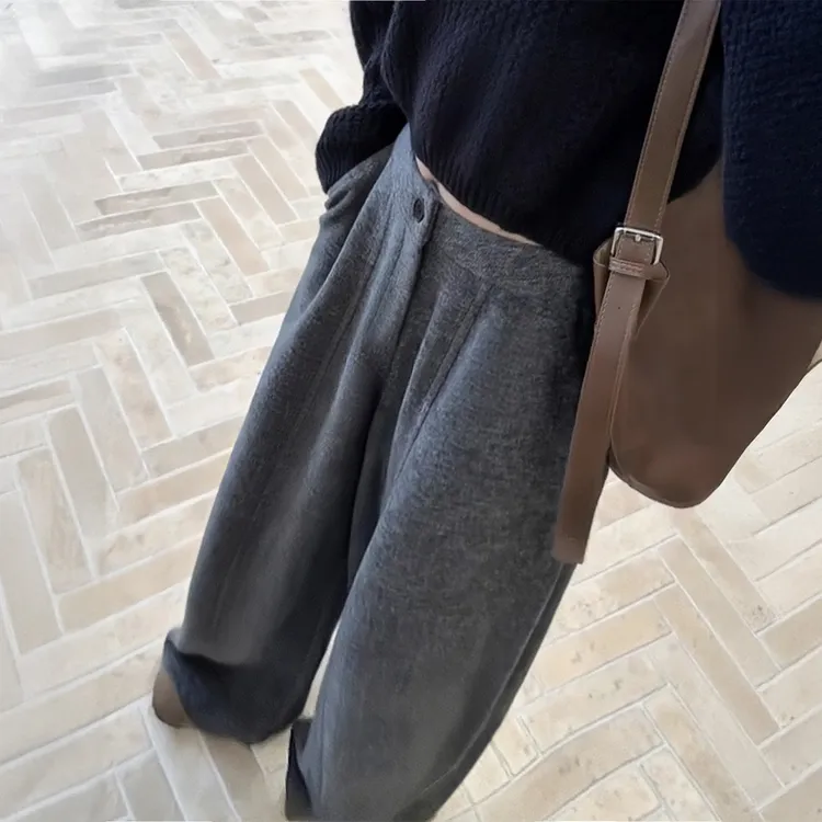 慵懒风灰色毛呢阔腿裤女2025秋冬加绒大码胖mm梨型身材宽松休闲裤