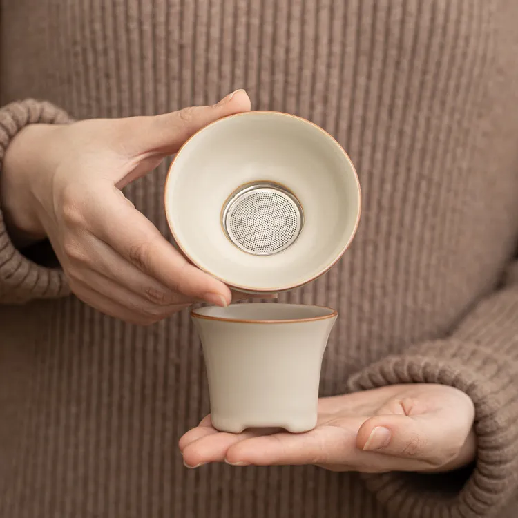 国潮主人杯米黄汝窑茶漏茶滤陶瓷滤茶器茶叶过滤网茶水茶具配件