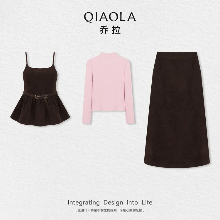 QIAOLA/乔拉【寄语蔷薇】秋季雪尼尔针织灯芯绒正肩翻领上衣长裙