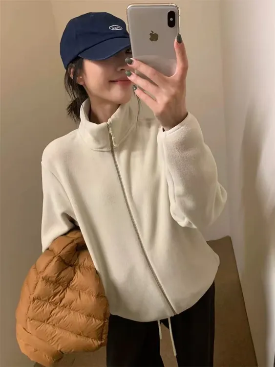 【摩姐姐欧韩】7935纯色简约立领摇粒绒拉链外套