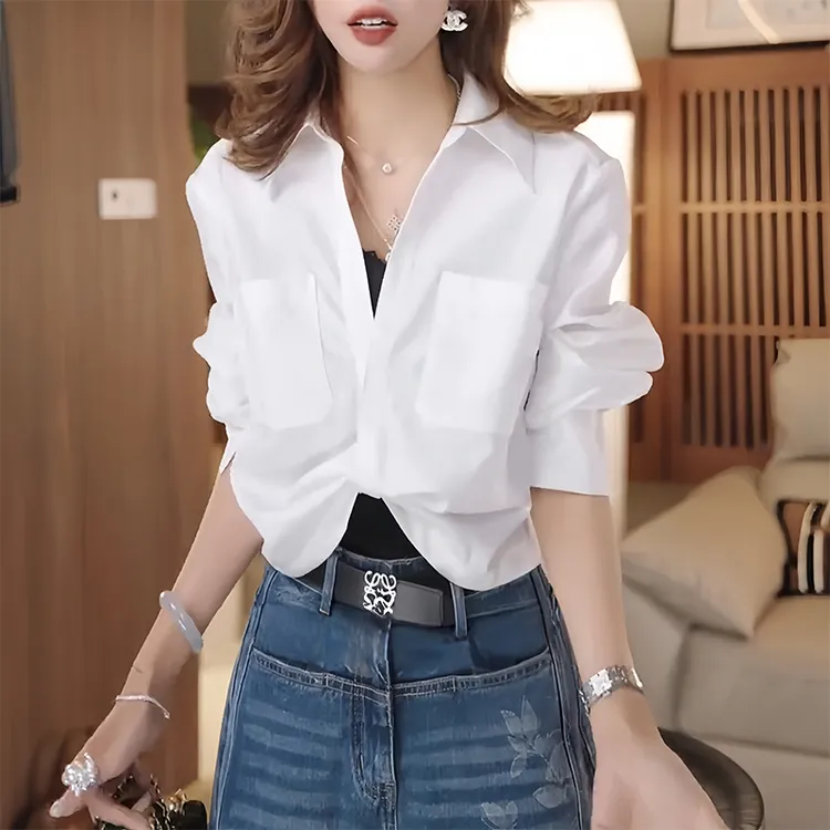 高级感白色衬衫长袖女装秋冬季2025新款短款口袋上衣女士衬衣爆款