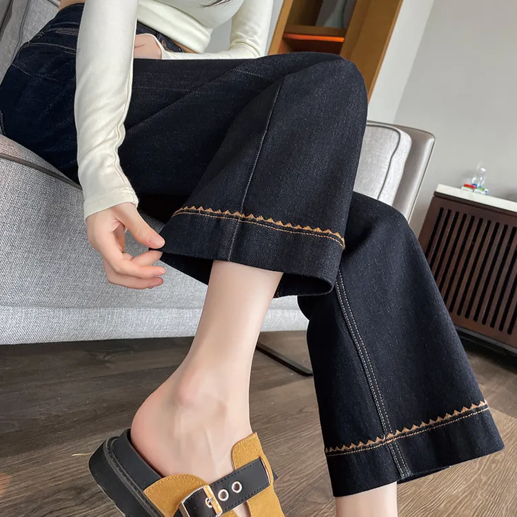 岚霜九分直筒牛仔裤女款2025新款高腰小个子显瘦垂感阔腿加绒裤子