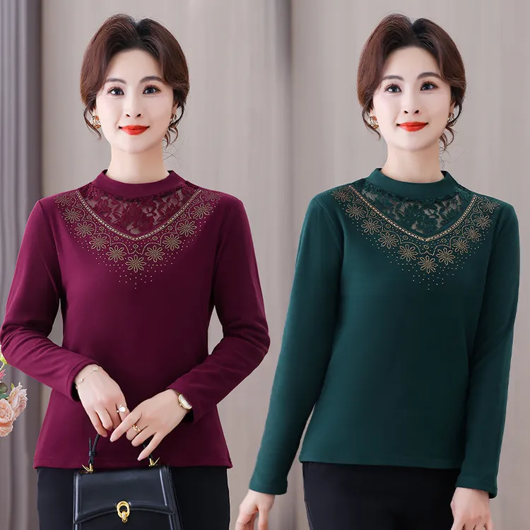 中老年女春秋时尚百搭打底衫妈妈装洋气烫钻长袖T恤上衣内搭小衫